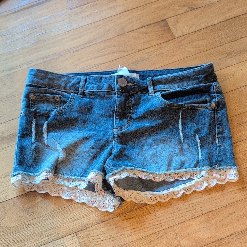 love, Fire Blue Denim Jean Shorts with Lace Trim